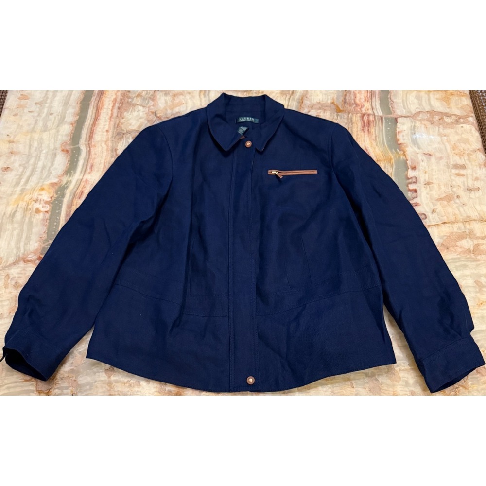 Lauren Ralph Lauren Womens Pure Linen Jacket Navy Blue Full Zip Leather Trim 16W
